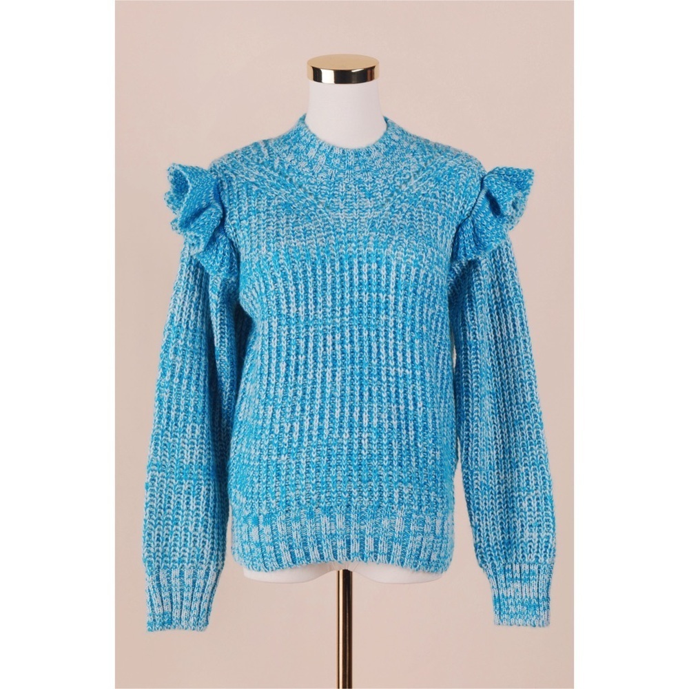Sz S Greylin Ruth Knit Two Tone Aqua & White Ruffle Sleeve High Neck Sweater GUC